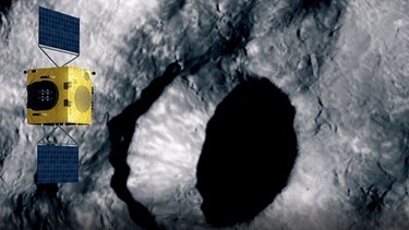 Die ESA-Asteroiden-Sonde HERA soll einige Zeit nach dem Einschlag der NASA-Sonde DART in den Dimorphos den Einschlagkrater auf dem Asteroiden untersuchen (Illustration). | Bild: ESA