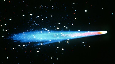 Halleyscher Komet, aufgenommen 1986 von der Sonde Giotto. Sternschnuppen stammen meist von den Schweifrückständen eines Kometen und treten als Meteor-Strom zur immer gleichen Zeit im Jahr auf, wenn die Erde diese alte Kometenbahn kreuzt. | Bild: picture-alliance/dpa