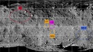 Landeplätze für MASCOT und Minerva und Bodenprobenstellen der Mission Hayabusa 2 auf Asteroid Ryugu. Das deutsche Landegerät MASCOT landete in der blau markierten Fläche MA-9, die Minerva-Roboter wurden im rot markierten Bereich N6 abgesetzt. An den gelb und pink markierten Stellen in der Bildmitte soll die Muttersonde Hayabusa 2 selbst Bodenproben des Asteroiden Ryugu sammeln. | Bild: DLR