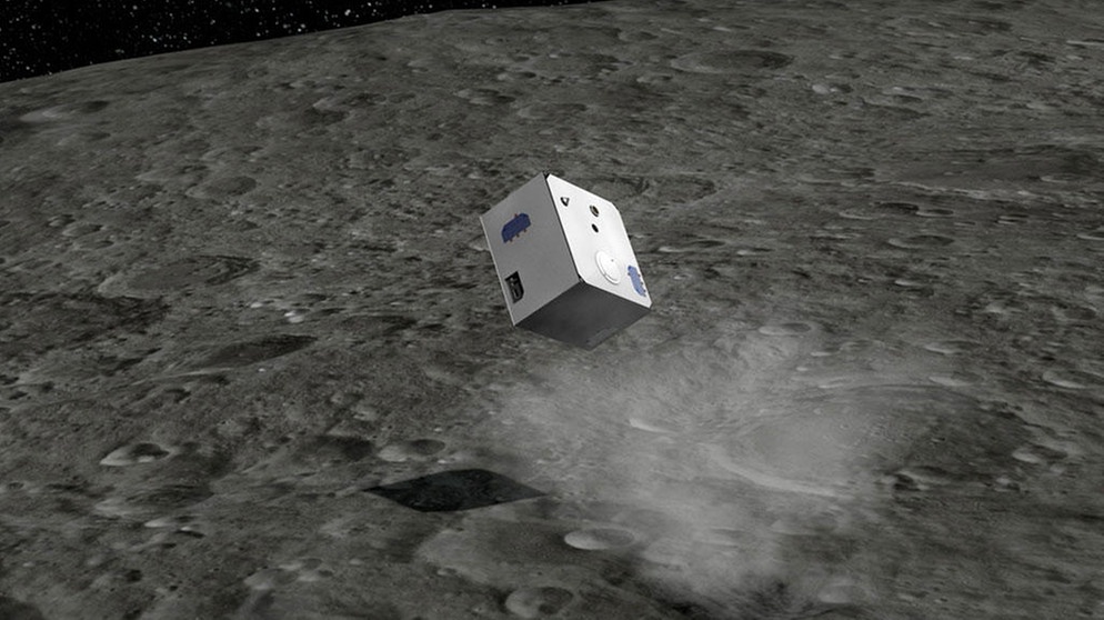 Das deutsche Landegerät MASCOT hüpft über Ryugu (künstlerische Darstellung). Die Anziehungskraft des Asteroiden Ryugu ist so gering, das MASCOT bei der Landung vermutlich einige große Hopser macht. | Bild: DLR