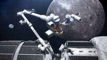 Künstlerische Darstellung: Der Roboterarm Canadarm3 am geplanten Lunar Gateway. | Bild: Canadian Space Agency, NASA