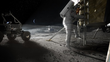 Künstlerische Darstellung: Ein Astronaut steigt aus einer Mondlandefähre aus.  | Bild: NASA