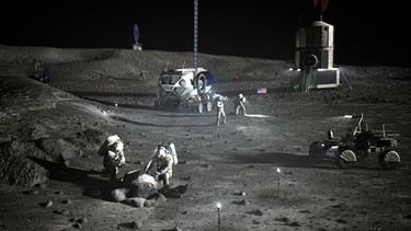 Diese künstlerische Darstellung zeigt, wie ein Artemis Base Camp, also eine Mondstation, am Südpol des Mondes aussehen könnte. Im November 2022 startete die unbemannte Mondmission Artemis 1 zum Mond. Knapp eine Woche später flog die Raumkapsel Orion dicht an dessen Oberfläche vorbei - und landete im Dezember wieder auf der Erde. Hier erfahrt ihr mehr über die Artemis-Mission.  | Bild: NASA