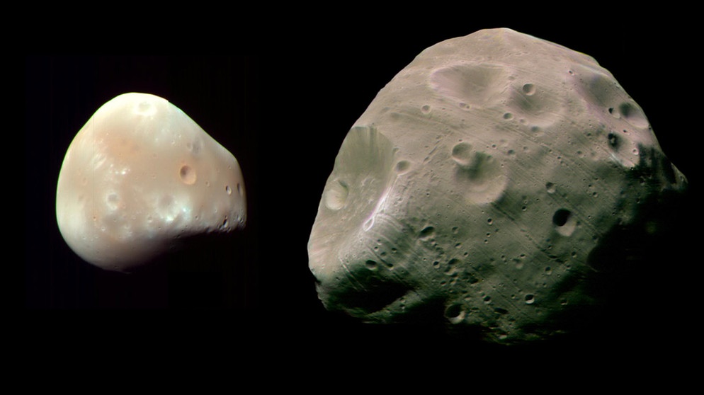 Marsmonde Phobos und Deimos (Collage). Wusstet ihr, dass es nicht nur unseren Erdtrabanten, sondern viele verschiedene Monde gibt? Unser Mond ist einer der größten in unserem Sonnensystem. Aber es gibt noch viele andere Monde, die es zu entdecken gilt.  | Bild: Nasa