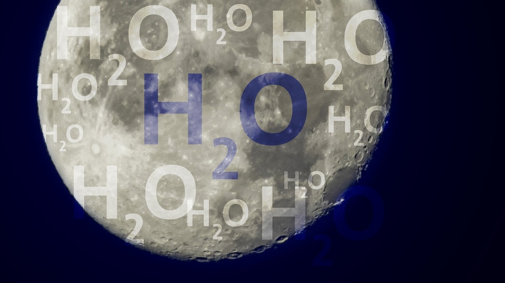 Montage: H2O-Text auf Foto vom Mond. Was den Augen der Mondfahrer verborgen blieb, haben Sonden und Labore entdeckt: Im Mondstaub der tiefsten Krater sind enorme Mengen an Wasser zu finden, gefroren zu Eis. Und es wird immer mehr Wasser auf dem Mond entdeckt. | Bild: picture-alliance/dpa, Montage: BR