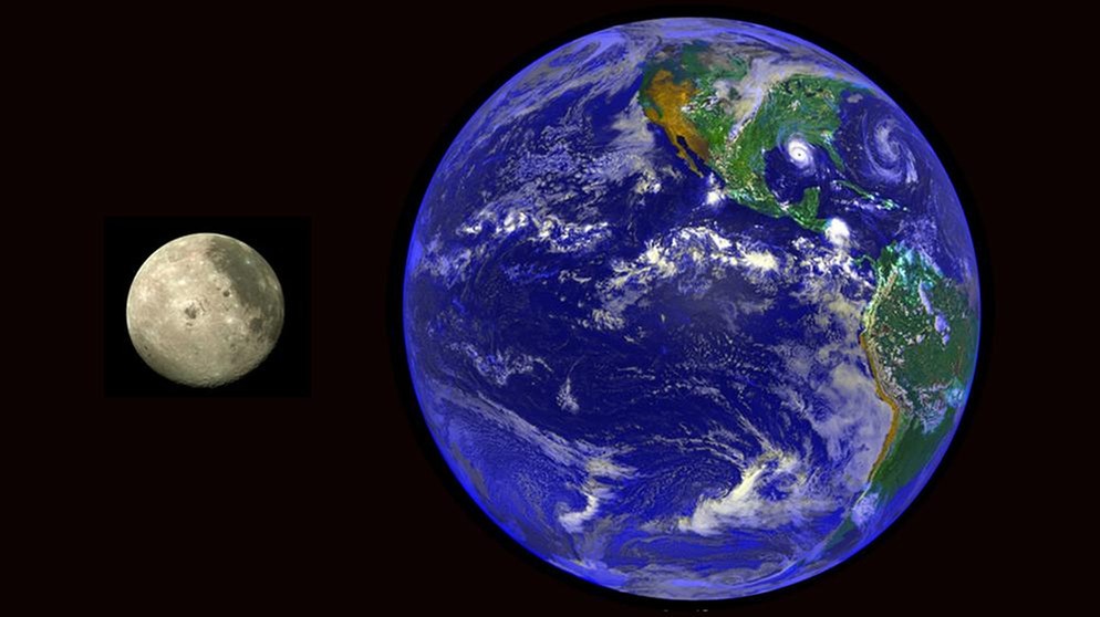 Erdmond und Erde im Größenvergleich. Wusstet ihr, dass es nicht nur unseren Erdtrabanten, sondern viele verschiedene Monde gibt? Unser Mond ist einer der größten in unserem Sonnensystem. Aber es gibt noch viele andere Monde, die es zu entdecken gilt.  | Bild: Nasa