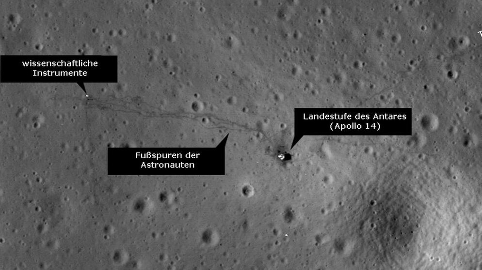 Fotos vom Landeplatz der Mondmission Apollo 14 mit sichtbarer Landestufe, Fußspuren und wissenschaftlichem Gerät, aufgenommen vom LRO. | Bild: NASA