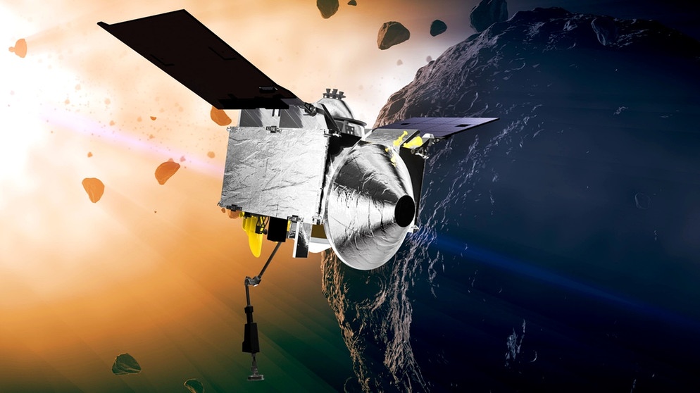 Sonde Osiris-Rex nähert sich Asteroid Bennu, künstlerische Darstellung. Die Asteroidenmission soll Bodenproben nehmen. | Bild: NASA’s Goddard Space Flight Center/Conceptual Image Lab