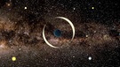 Die künstlerische Darstellung zeigt einen kleinen, dunklen Planeten, der vor einem Stern vorüberzieht und aufgrund des Mikrograviationslinsenffekts dessen Lichts bündelt wie eine Linse. | Bild: J. Skowron / Astronomical Observatory, University of Warsaw