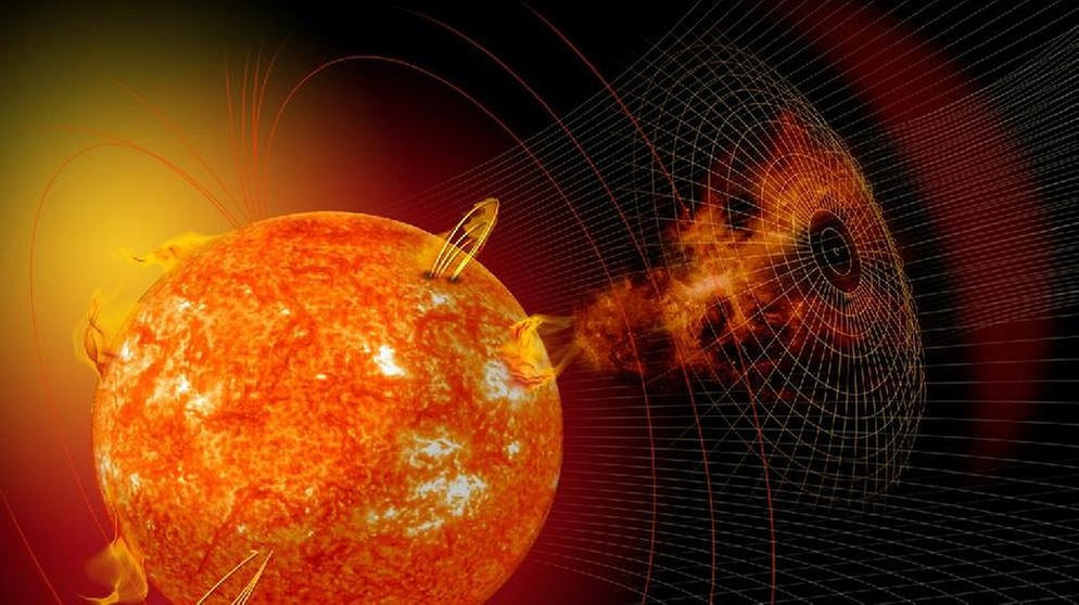 grafische Darstellung einer Sonneneruption, bei der Millionen Tonnen energetischer Teilchen ins All geschleudert werden.  | Bild: NASA