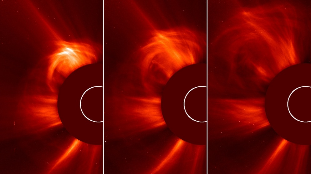 Sonneneruption am 15. März 2013, aufgenommen von der Sonde SOHO. Die drei Bilder entstanden zwischen 8.24 und 9.00 Uhr unserer Zeit.  | Bild: ESA & NASA / SOHO