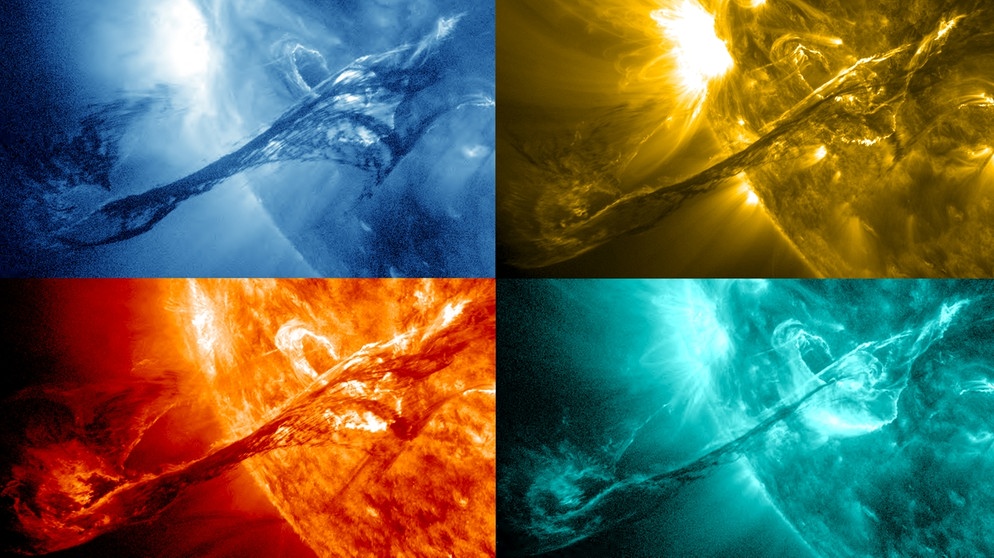Sonneneruption im August 2012, aufgenommen in verschiedenen Wellenlängen vom Solar Dynamics Observatory (SDO). Solche koronalen Massenauswürfe sind die Ursache für Sonnenwind und Sonnenstürme. | Bild: NASA / SDO