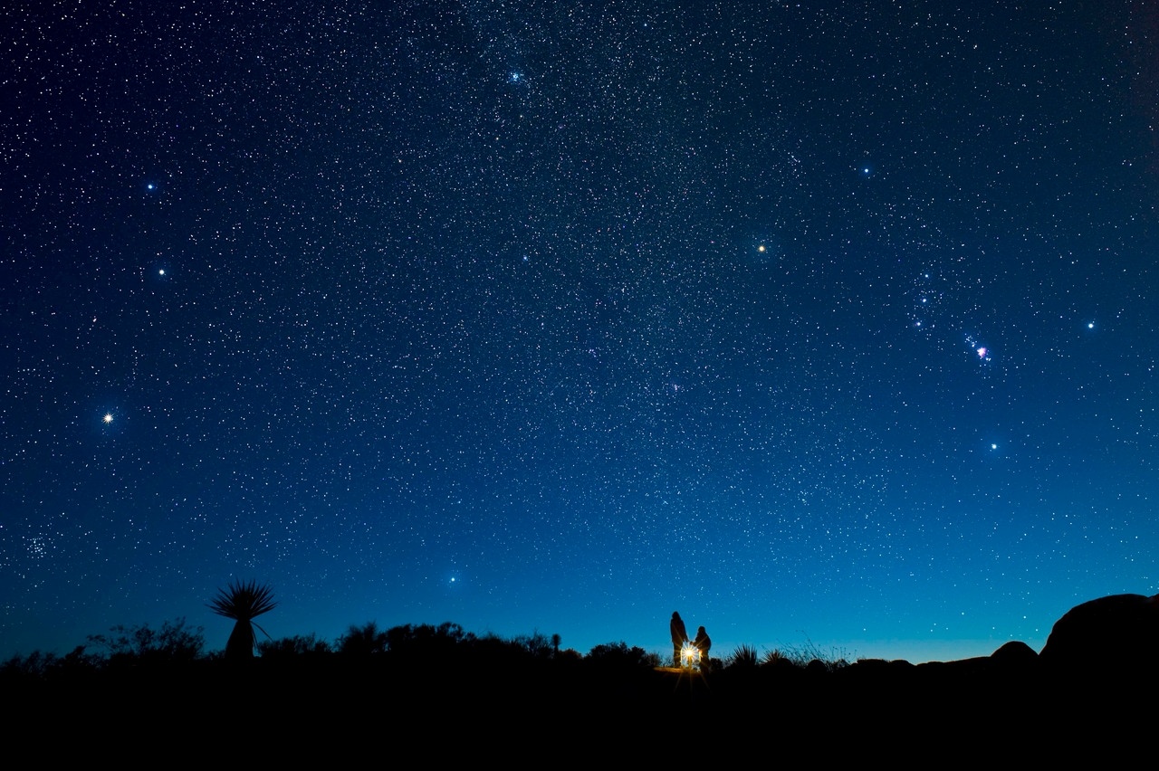 Zwei Menschen betrachten den Sternenhimmel. Am Himmel ist die Konstellation von Orion zu erkennen. Orion ist eine offiziell anerkannte Konstellation der Internationalen Astronomischen Union (IAU). Sternbilder helfen bei der Orientierung unter den Sternen. | Bild: picture alliance / All Canada Photos | David Nunuk