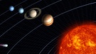 Illustration der äußeren Planeten Jupiter, Saturn, Uranus und Neptun auf ihren immer weiter außen liegenden Umlaufbahnen um die Sonne.  | Bild: NASA/JPL