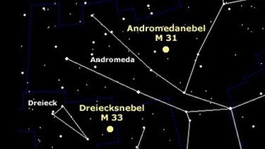 Der Andromedanebel (Messier-Objekt M31) und der Dreiecksnebel (Messier-Objekt M33) sind mit der Milchstraße die drei großen Spiralgalaxien der Lokalen Gruppe. | Bild: BR, SkyObserver