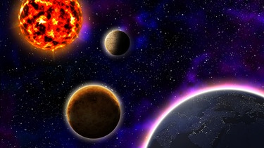 Illustration der beiden inneren Planeten Merkur und Venus zwischen der Sonne und der Erde. | Bild: colourbox.com