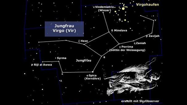 Sternbild Jungfrau (Virgo) mit Markierung | Bild: BR, SkyObserver, U.S. Naval Observatory, STScI