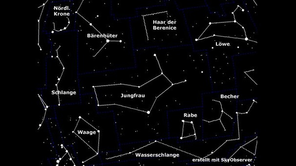 Karte der Sternbilder im Umfeld der Jungfrau (Virgo) | Bild: BR, SkyObserver