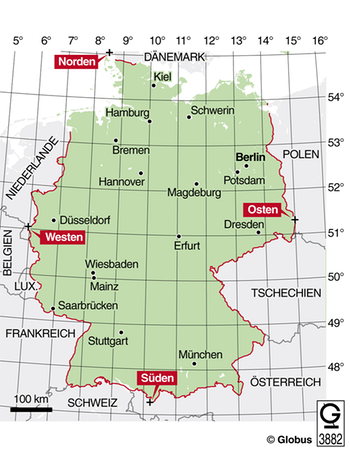 Die Koordinaten Deutschlands: Der äußerste Süden liegt auf 47°16'15'', etwas südlich vom 47. Breitengrad Nord. Im Norden reicht Deutschland über den 55. Breitengrad Nord hinaus mit 55°03'33''. Von West nach Ost erstreckt sich Deutschland fast vom 6. Längengrad im Westen (5°52'01'') bis über den 15. Längengrad Ost im Osten (15°02'37'') | Bild: picture-alliance/dpa-infografik