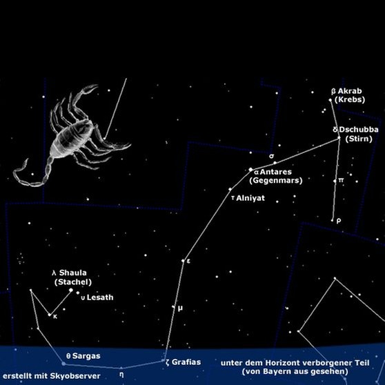 Das Sternbild Skorpion (Scorpius) mit Markierung | Bild: BR, SkyObserver, U.S. Naval Observatory, STScI