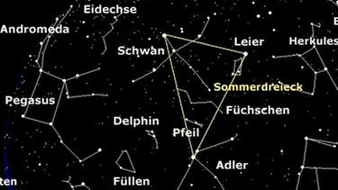 Die hellsten Sterne von Leier, Schwan und Adler bilden das Sommerdreieck. Die Sternkarte zeigt den Anblick des südlichen Himmels etwa um Mitternacht im Juli (zwei Uhr im Juni, zehn Uhr im August, Angaben in MEZ). | Bild: BR, SkyObserver