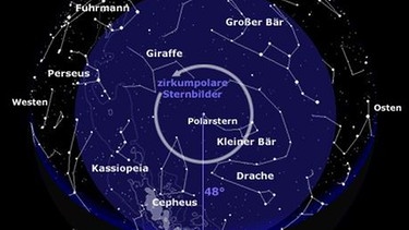 Zirkumpolare Sternbilder befinden sich so nahe am Himmelspol, dass sie vom eigenen Beobachtungsstandpunkt aus nie unter den Horizont sinken. Für Bayern, etwa auf dem 48. Breitengrad Nord, sind das Sternbilder, die weniger als 48 Grad vom Polarstern entfernt sind, um den sich der Sternenhimmel zu drehen scheint (blau markierter Bereich). | Bild: BR, SkyObserver