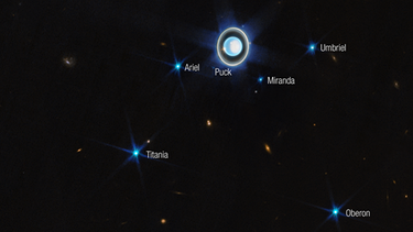 Sechs der knapp 30 Monde des Planeten Uranus in einer hochaufgelösten Aufnahme des James Webb Teleskops JWST vom 6. Februar 2023 | Bild: NASA, ESA, CSA, STScI. Image processing: J. DePasquale (STScI)