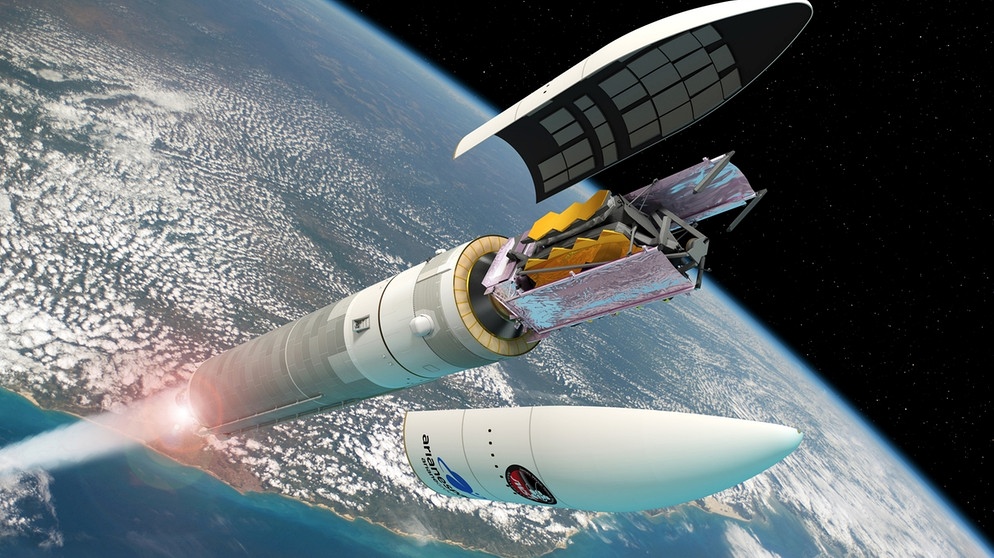 Künstlerische Darstellung: Das James Webb-Weltraumteleskop wurde mit einer Ariane 5-Rakete der ESA ins All gebracht.  | Bild: ESA - D. Ducros