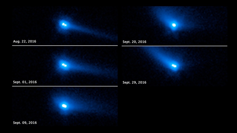 Zwei Asteroriden, die einander umkreisen, fotografiert vom Weltraumteleskop Hubble | Bild: NASA, ESA, and J. Agarwal (Max Planck Institute for Solar System Research)