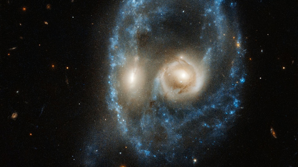 Das Weltraumteleskop Hubble hat am 19. Juni 2019 zwei verschmelzende Galaxien fotografiert: Das am 28. Oktober 2019 veröffentlichte Bild erinnert an ein schauriges Gesicht. Wie passend zu Halloween! | Bild: NASA, ESA, J. Dalcanton, B.F. Williams and M. Durbin (University of Washington)