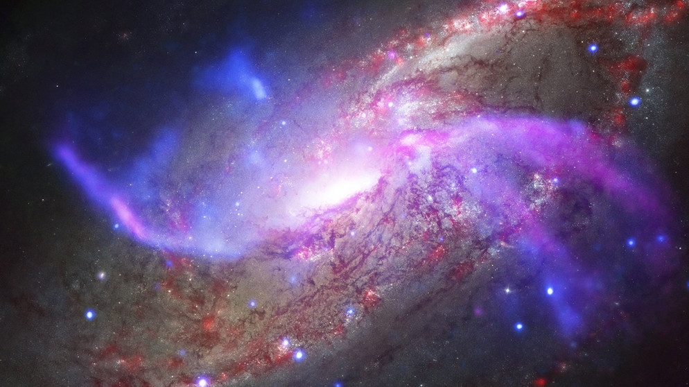 Galaxie NGC 4258, aufgenommen von Hubble, Chandra, Karl Jansky Very Large Array und Spitzer | Bild: NASA/CXC/Caltech/P.Ogle et al; Optical: NASA/STScI; IR: NASA/JPL-Caltech; Radio: NSF/NRAO/VLA