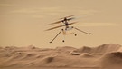 Der Hubschrauber Ingenuity der Mars-Mission Perseverance fliegt über den Mars (Illustration). Ingenuity soll als erstes Fluggerät überhaupt über die Oberfläche eines fremden Planeten fliegen.  | Bild: NASA/JPL-Caltech