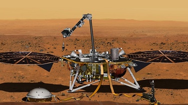 Die Illustration der NASA zeigt den Mars-Lander InSight auf dem Roten Planeten. InSight soll auf dem Mars landen und ihn untersuchen. | Bild: picture-alliance/dpa/NASA/JPL-Caltech