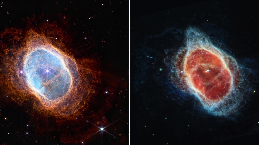 Rund 2.500 Lichtjahre im Sternbild Segel des Schiffs befindet sich ein Planetarer Nebel namens NGC 3132. Die Bezeichnung "Planetarer Nebel" ist vielleicht etwas verwirrend, denn ein solcher Nebel aus heißem Gas und Staub wird von einem sterbenden Stern am Ende seiner Entwicklung ausgestoßen. Die Gaswolke breitet sich mit einer Geschwindigkeit von rund fünfzehn Kilometern pro Sekunde aus und ist fast ein halbes Lichtjahr breit.
Das James Webb-Weltraumteleskop hat diesen auch Südlichen Ringnebel genannten Nebel mit zwei verschiedenen Kameras aufgenommen. Im Mittelpunkt des Nebels ist ein Doppelsternsystem zu sehen: zwei Sterne, die einander umkreisen. Erstmals werden mithilfe des James Webb-Weltraumteleskops feine Details sichtbar. Das Bild auf der rechten Seite verrät Wissenschaftlerinnen und Wissenschaftlern, dass der zweite Stern im Zentrum von Staub umgeben ist. Der hellere Stern hingegen ist noch nicht ganz soweit in seiner Entwicklung: Er wird erst in Zukunft seinen eigenen Planetaren Nebel ausstoßen. | Bild: NASA, ESA, CSA, and STScI