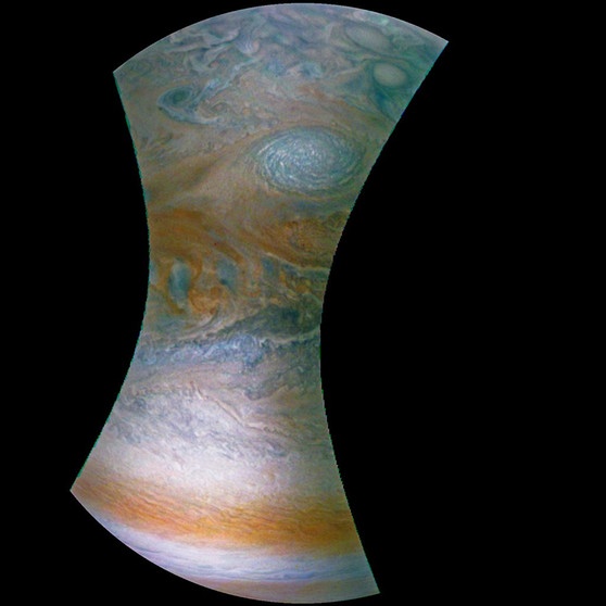 Juno fotografiert am 1. April 2018 einen Sturm auf Jupiter. | Bild: NASA/JPL-Caltech/SwRI/MSSS/Emma Walimaki