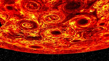 Planet Jupiter: Eine Darstellung des Südpols des Planeten Jupiters, die aus mehrere Bildern zusammengesetzt wurde. Die Bilder wurden von der Raumsonde Juno mit Spezialinstrumenten aufgezeichnet. Zu sehen ist ein Sturmkarussell an den Jupiter-Polen. | Bild: NASA/SWRI/JPL/ASI/INAF/IAPS/dpa