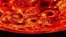 Planet Jupiter: Eine Darstellung des Südpols des Planeten Jupiters, die aus mehrere Bildern zusammengesetzt wurde. Die Bilder wurden von der Raumsonde Juno mit Spezialinstrumenten aufgezeichnet. Zu sehen ist ein Sturmkarussell an den Jupiter-Polen. | Bild: NASA/SWRI/JPL/ASI/INAF/IAPS/dpa