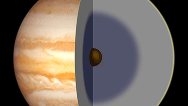 Illustration von Jupiters Aufbau. Der Gasplanet besteht zum größten Teil aus Wasserstoff und etwas Helium. Durch den enormen Druck, der in größeren Tiefen immer höher wird, gibt es im Inneren Jupiters sogenannten metallischen Wasserstoff. Er ist elektrisch leitfähig und von einer Flüssigkeit nicht zu unterscheiden. | Bild: NASA/JPL Caltech