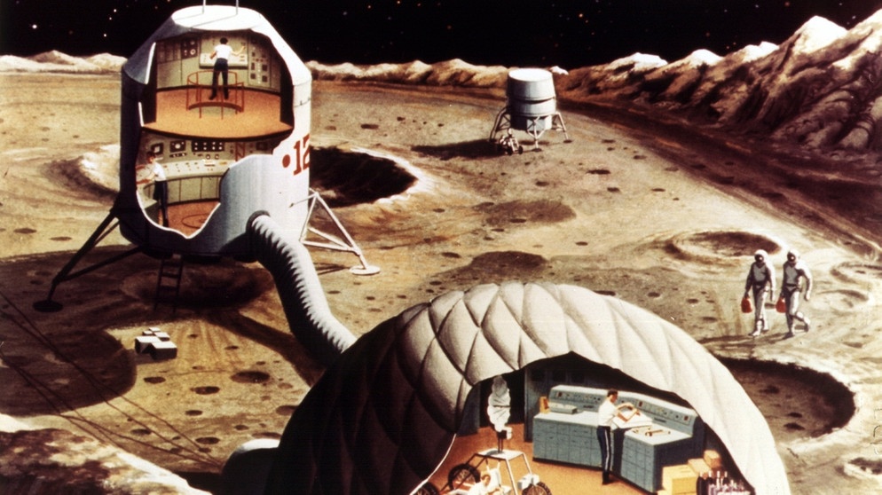 Undatierte Zeichnung einer halb-permanenten Mondstation (Vordergrund). Die kuppelförmige Station, die Platz für eine sechsköpfige Besatzung bietet, ist durch einen Schlauchtunnel mit einem Mondlandefahrzeug verbunden. | Bild: picture-alliance / dpa 