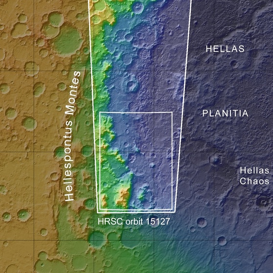 Topographische Übersichtskarte des westlichen Randes des Hellas Einschlagsbeckens | Bild: NASA/JPL (MOLA) / FU Berlin