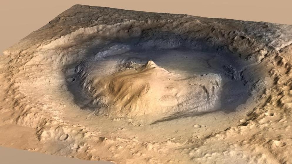 Computergrafik vom Gale Krater auf dem Mars. Hier landet Curiosity, der Mars-Rover der NASA. | Bild: NASA