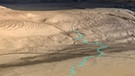 Computergrafik von der Reiseroute für Curiosity, den Mars-Rover der NASA, auf die Flanke des Mount Sharp. | Bild: NASA