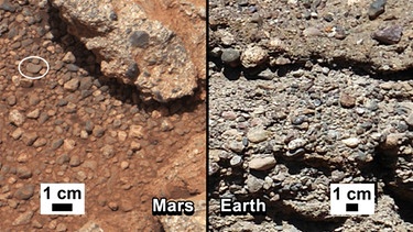 Curiosity, der Mars-Rover der NASA, untersucht Kieselsteine auf Mars dem Mars. Hier im Vergleich zu sehen: Kieselsteine auf der Erde | Bild: NASA/JPL-Caltech/MSSS and PSI