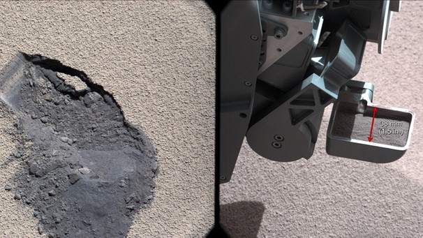 Grabungsspur und Schaufel von Curiosity, dem Mars-Rover der NASA | Bild: NASA/JPL-Caltech/MSSS