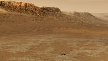 Der Mars-Rover Perseverance soll den Krater Jezero erkunden, den vor Milliarden Jahren ein Meteorit schuf. Einst hat es dort vermutlich einen riesigen See mit Zuflüssen gegeben. (Illustration) | Bild: NASA