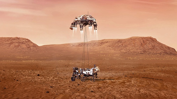 Landung des Mars Perseverance Rovers (Illustration). Am 18. Februar 2021 landet der NASA-Rover mit einem Hubschrauber an Bord auf dem roten Planeten.  | Bild: NASA