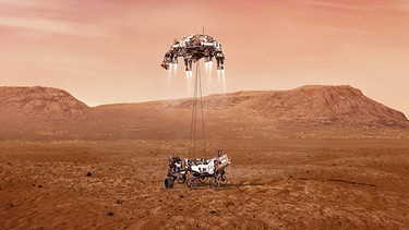 Landung des Mars Perseverance Rovers (Illustration). Am 18. Februar 2021 landet der NASA-Rover mit einem Hubschrauber an Bord auf dem roten Planeten.  | Bild: NASA