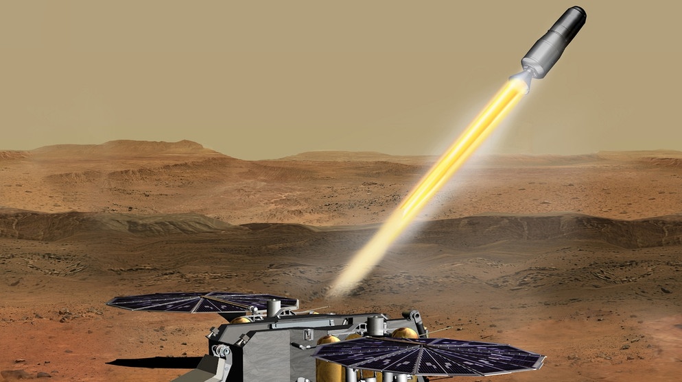 In dieser künstlerischen Darstellung ist es bereits soweit: Das Mars Ascent Vehicle (MAV) der NASA schießt die auf dem Mars gesammelten Gesteinsproben gen Marsumlaufbahn. | Bild: NASA/JPL-Caltech