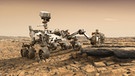 Eine grafische Darstellung zeigt den Nasa-Rover "Perseverance" auf der Marsoberfläche im Einsatz bei der Untersuchung von Gestein.  | Bild:  NASA/JPL-Caltech/dpa/dpa-Bildfunk 