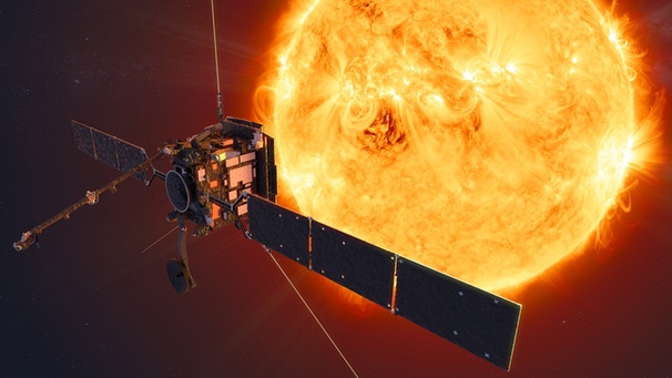 Künsterische Darstellung der Sonde Solar Orbiter, im Hintergrund die Sonne. Die Raumsonde der ESA soll die Sonnenwinde erforschen, den Teilchenstrom der Sonne. | Bild: ESA/ATG medialab